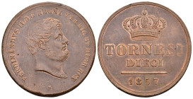 Regno delle Due Sicilie - 10 tornesi 1857 - Ferdinando II (1830 - 1859) - IV° tipo - Cu. - Gr. 30,67 - Gig# 208