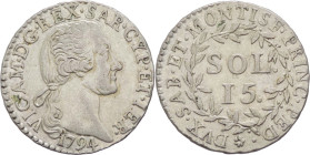 Regno di Sardegna - Vittorio Amedeo III (1773-1796) - 15 soldi 1794 - Mont.374 - Mi