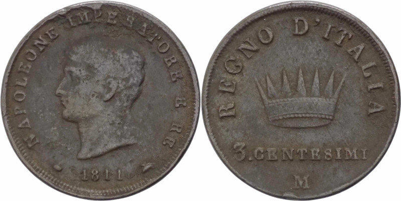 Milano - Napoleone I Re d'Italia (1805-1814) 3 Centesimi 1811 - Gig.228 - Cu - g...