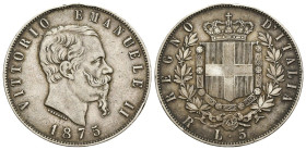 5 Lire 1875 - Vittorio Emanuele II (1861-1878) - II° tipo - zecca di Roma - NC - Ag. 900 - Gig# 50 - colpetti al bordo, bella patina