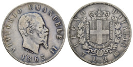 2 Lire 1863 - Vittorio Emanuele II (1861-1878) - Stemma - Zecca di Torino - Ag. 835 - Gig# 57