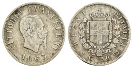50 Centesimi 1863 -  Vittorio Emanuele II (1861-1878) - Stemma - Zecca di Milano - Ag. 835 - RARA - Gig# 74