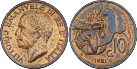 Vittorio Emanuele III (1900-1943) - 10 centesimi "Ape" 1921 - Gig.230 - Cu