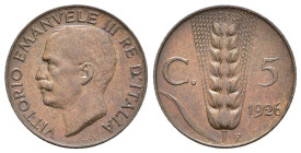 5 Centesimi 1926 - Vittorio Emanuele III (1900-1943) - Spiga - Cu. 950 - Gig# 272