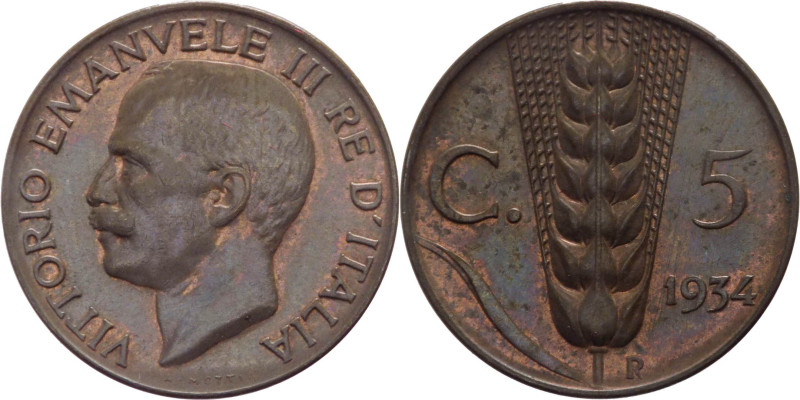 Vittorio Emanuele III (1900-1943) 5 Centesimi "Spiga" 1934 - Gig. 280 - Cu

FD...