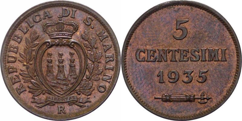 Vecchia Monetazione (1864-1938) 5 Centesimi 1935 del II° Tipo - Cu - Gig. 40

...