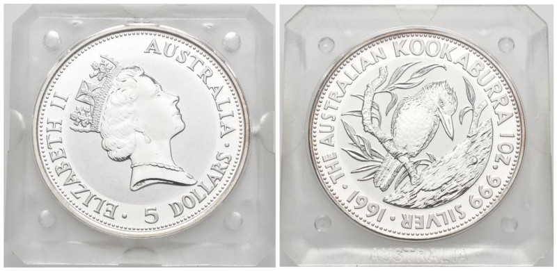 Australia - 5 Dollari 1991 - Kookaburra - 1 OZ Ag. 999 - KM# 138 - in confezione...