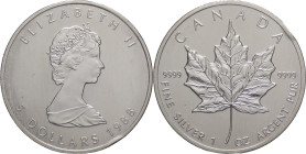 Canada - Elisabetta II (1952-2022) 5 Dollari 1988, 1 Oz Foglia d'Acero - Ag - Colpo al bordo, altrimenti qFDC