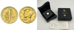 Stati Uniti d'America (1776-oggi) - 1 Dime 2016 "100° Anniversario del Mercury Dime" - Au .999 - gr. 3,11; mm.16,50 - KM# 641 - in elegante cofanetto ...
