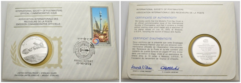 Busta filatelica con medaglia commemorativa in argento - lancio del soyuz e dell...