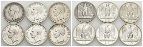 Lotto di 6 monete da 5 lire Aquilotto: 1926, RARA; 1927 * (1 rosetta); 1927 ** (2 rosette); 1928 * (1 rosetta); 1929 ** (2 rosette); 1930 - Ag