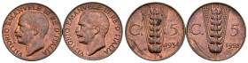 Regno d'Italia - lotto di 2 monete da 5 Centesimi Spiga 1928-1934 - rame rosso