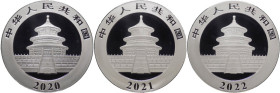 Cina - Lotto di 3 monete da 10 Yuan - anni 2020, 2021, 2022 (ciascuna 30 gr.  Ag .999)