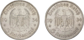 Germania - Terzo Reich (1933-1945) - lotto di 2 monete da 5 marchi 1934 - zecche A e J - Ag