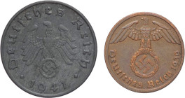 Germania - Lotto di 2 monete da 1 e 10 Reichspfennigs 1939 e 1941