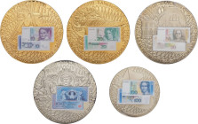 Germania - lotto di 5 medaglie serie "valute europee" con raffigurazione dei boglitti da 10,20,50 e 100 marchi (10 marchi 52,48 g; 50 mm - 20 marchi 5...