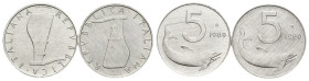 Repubblica Italiana - lotto di 2 monete da 5 Lire 1989 - Delfino - timone normale e rovesciato - It