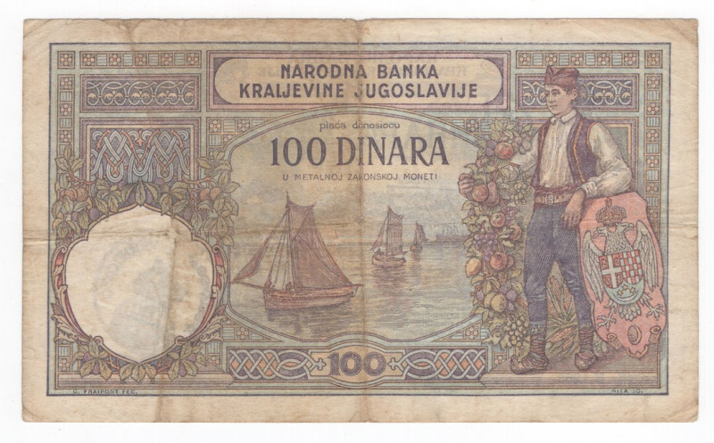 Occupazione Italiana del Montenegro - 100 Dinara emissione del 1929 ; Timbro Ver...