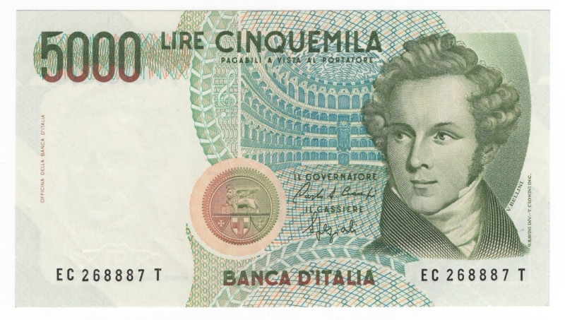 Repubblica italiana - 5000 Lire "Vincenzo Bellini" 1992 - N° EC 268887 T - Gig. ...