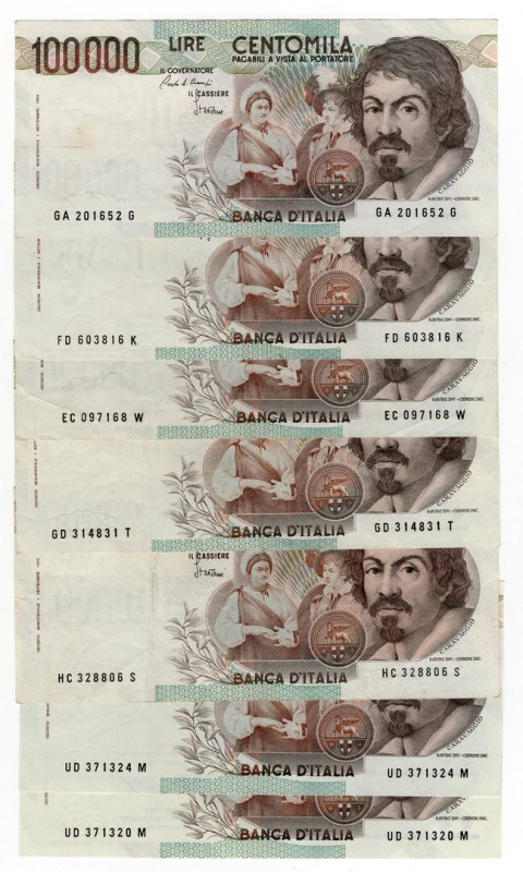 Repubblica Italiana (dal 1946) - lotto di 7 banconote 100000 lire Caravaggio 1° ...