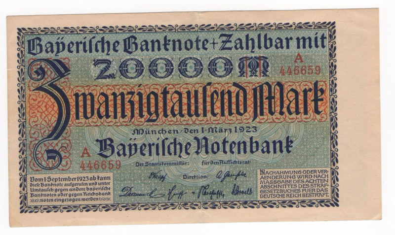 Banca Centrale Bavarese - 20000 Mark 1 Marzo 1923 - PS#926 - Pieghe 

SPEDIZIO...