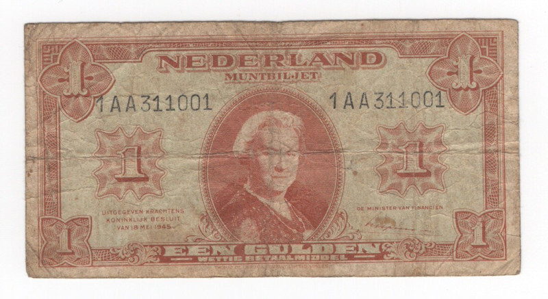 Olanda - 1 Gulden 1945 "Regina Wilhelmina" - N°1AA311001 - P70 - Pieghe / Macchi...