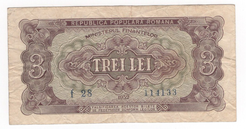 Romania - 3 lei - Emissione del 1952 - N° Serie: F28 114133 - P# 82

BB 

SP...