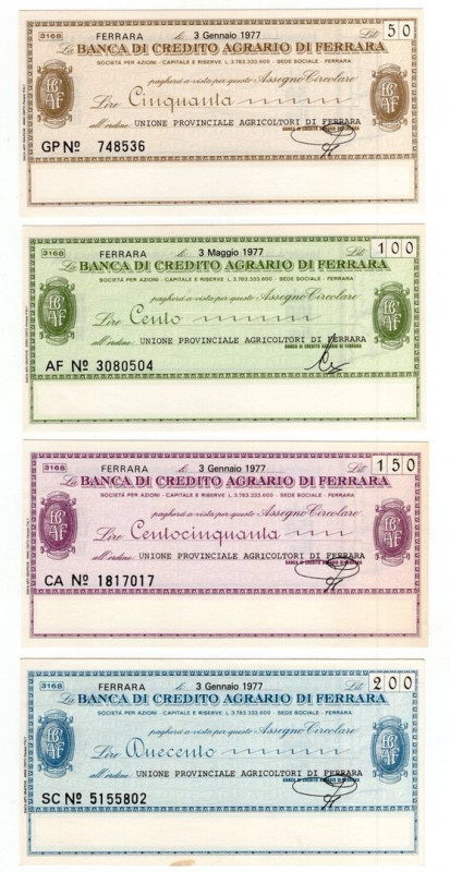 Ferrara - lotto di 4 assegni da 50, 100, 200 Lire - 1977

FDS.

SPEDIZIONE I...