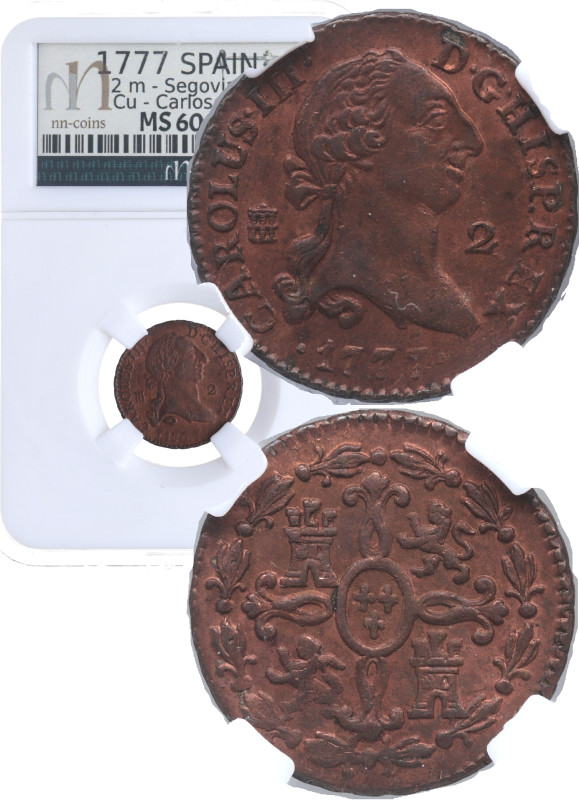 1777. Carlos III (1759-1788). Segovia. 2 maravedís. A&C 765. Cu. 26,99 g. Bella....