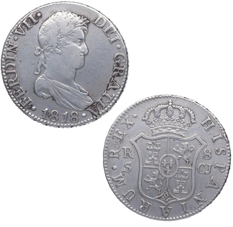 1818. Fernando VII (1808-1833). Sevilla. 8 reales. CJ. A&C 1419. Ag. 26,68 g. MB...