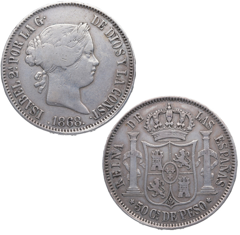 1868. Isabel II (1833-1868). Manila. 50 centavos de peso. A&C 667. Ag. 12,90 g. ...