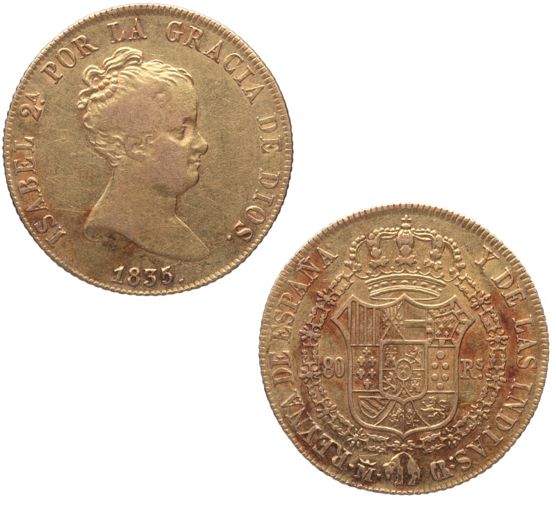 1835. Isabel II (1833-1868). Madrid. 80 reales. CR. A&C 720. Au. 6,76 g. EBC. Es...