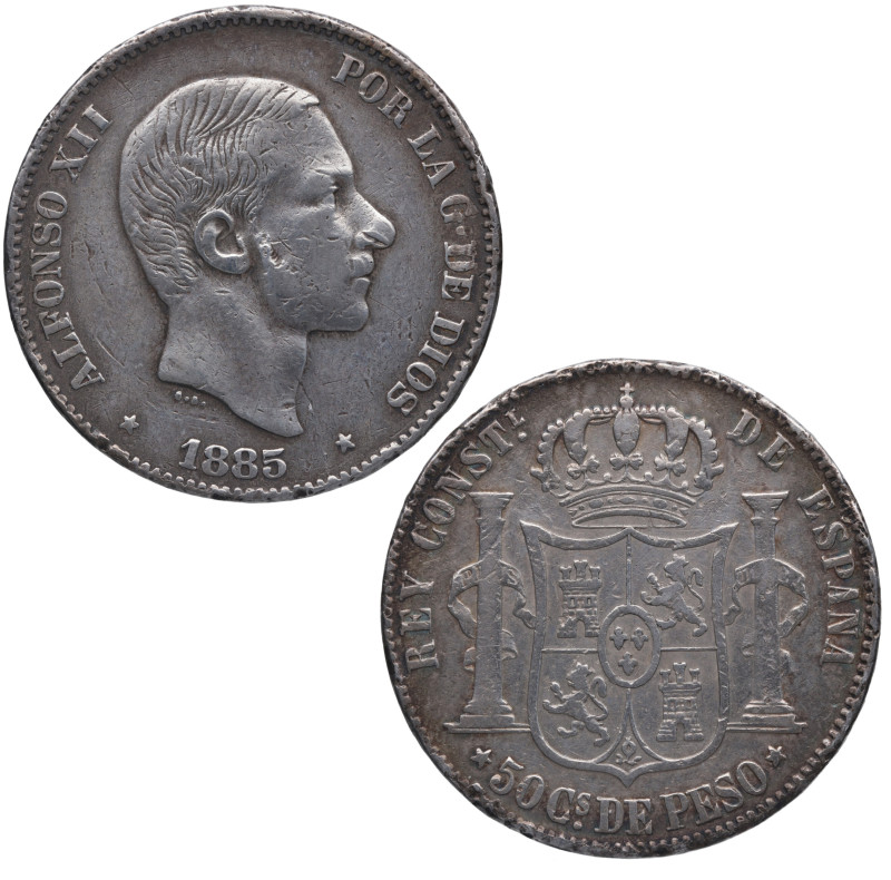 1885. Alfonso XII (1874-1885). Manila. 50 centavos de peso. A&C 124. Ag. 12,74 g...