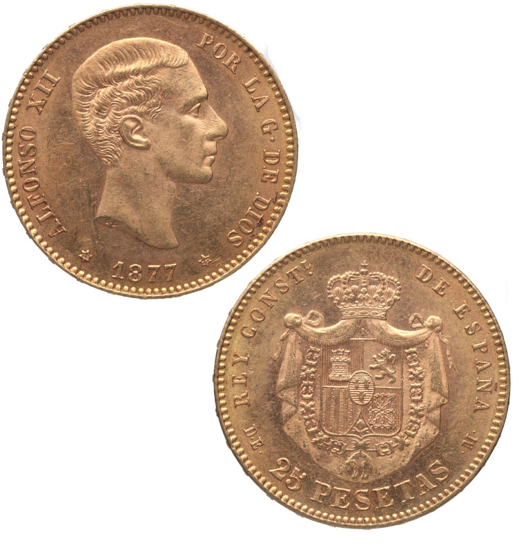 1877*77. Alfonso XII (1874-1885). Madrid. 25 pesetas. DEM. A&C 68. Au. 8,10 g. E...