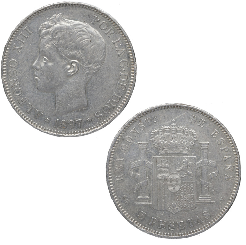 1897*97. Alfonso XIII (1886-1931). 5 pesetas. SGV. A&C 107. Ag. 24,96 g. EBC. Es...