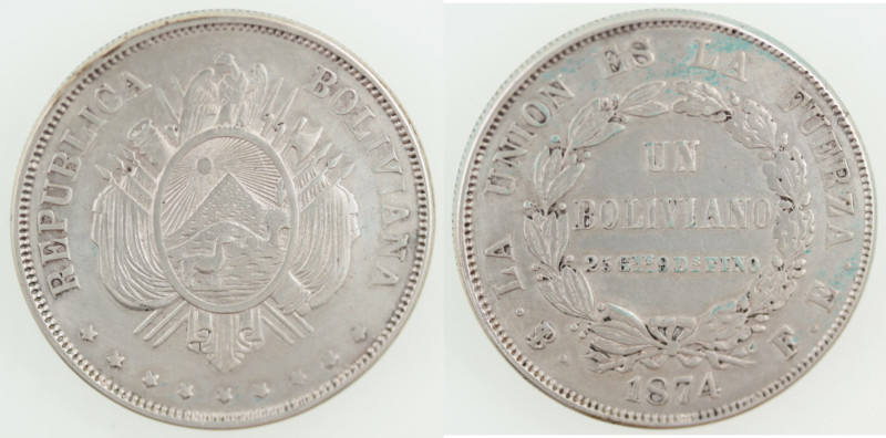 Monete Estere. Bolivia. Boliviano 1874. Ag. KM# 155. Peso gr. 25,11. Diametro mm...