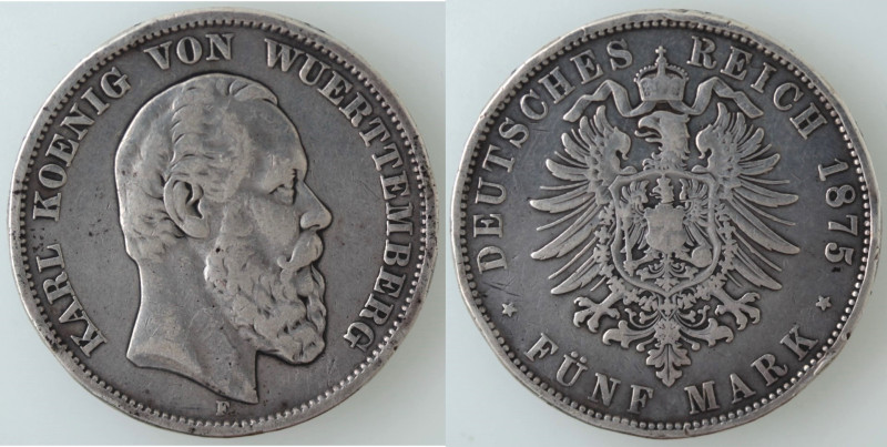 Monete Estere. Germania. Württemberg. Carlo. 1864-1891. 5 Marchi 1875 F. Ag. KM ...