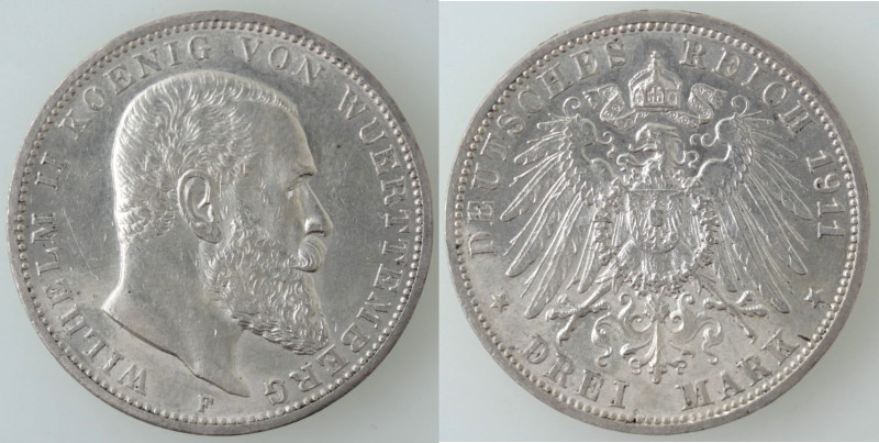 Monete Estere. Germania. Württemberg. Guglielmo II. 1891-1918. 3 Marchi 1911 F. ...