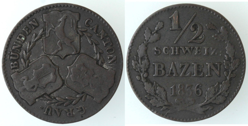 Monete Estere. Svizzera. Cantone Grau-Bunden. Mezzo Batzen 1836. Mi. Km. 13. Pes...