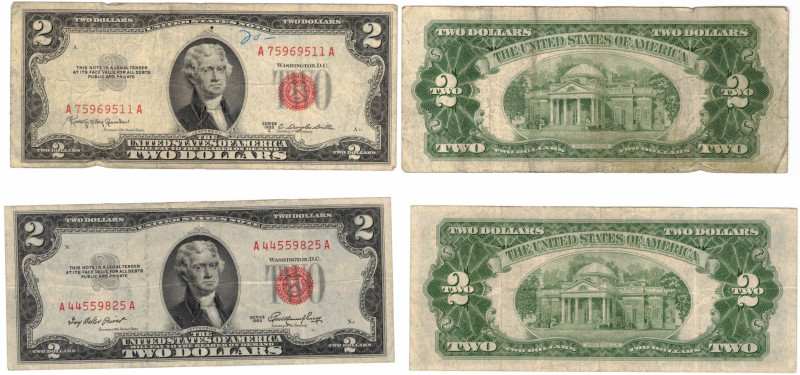 Cartamoneta Estera. USA. Lotto di 2 pezzi. 2 Dollari 1953. Jefferson. Bollino Ro...