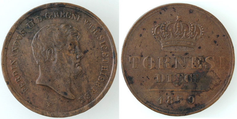 Zecche Italiane. Napoli. Ferdinando II. 1830-1859. 10 Tornesi 1859. Ae. Mag. 696...