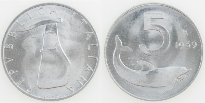 Repubblica Italiana. 5 Lire 1969 Delfino Variante "1"Capovolto. IT. Gig.291a. FD...