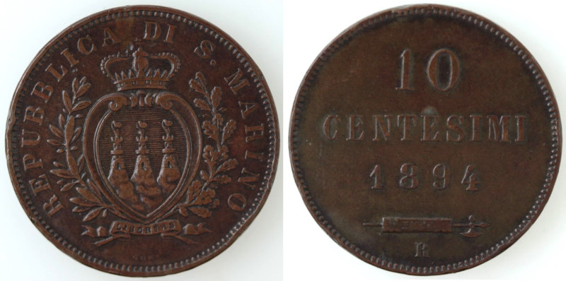 San Marino. Vecchia Monetazione. 10 Centesimi 1894 Roma. Ae. Gig. 32. Peso gr. 9...