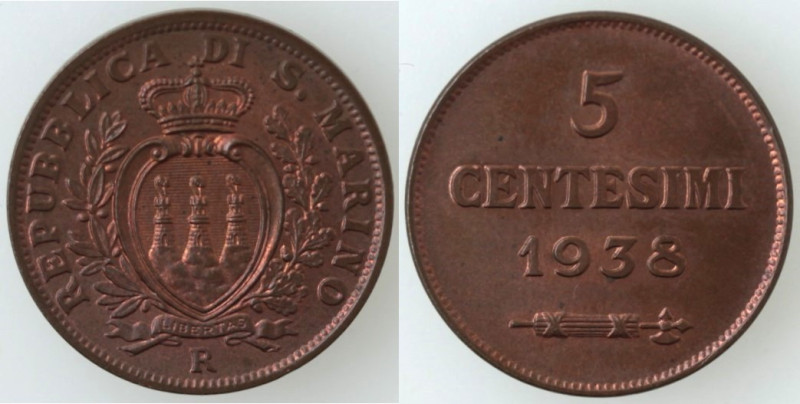 San Marino. Vecchia Monetazione. 5 Centesimi 1938. Ae. Gig. 43. Peso gr. 3,22. F...