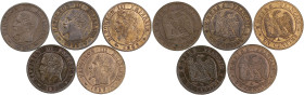 Lot 5 pièces 1 centime Napoléon III

1853 A (Paris) - SPL
1853 W (Lille) - SUP
1854 D (Lyon) - RARE et SUP
1855 MA (Marseille) - SUP, nettoyée
1862 A ...