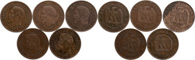 Lot 5 pièces 2 centimes Napoléon III

1853 D (Lyon) Petit D - TTB
1853 W (Lille) - TTB
1855 BB (Strasbourg) différent tête de chien - SUP
1855 D (Lyon...