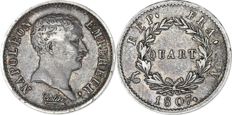 Napoléon Empereur - Quart tête de nègre 1807 A (Paris)

Argent - 1,31 grs - 15 m...