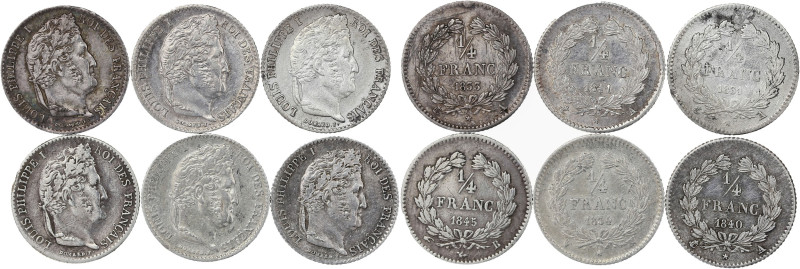 Lot 6 pièces 1/4 franc argent Louis-Philippe

1831 A (Paris) - TTB+
1833 A (Pari...