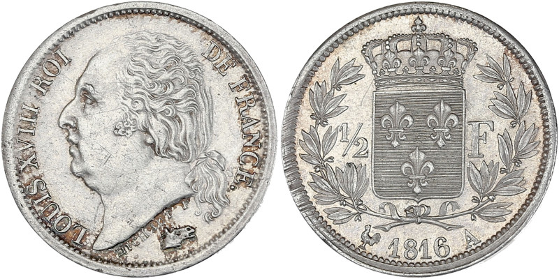 Louis XVIII - 1/2 franc 1816 A (Paris)

Argent - 2,50 grs - 18 mm
F.179-1 / G.40...