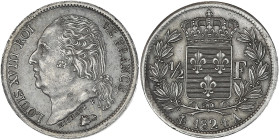 Louis XVIII - 1/2 franc 1824 A (Paris)

Argent - 2,51 grs - 18 mm
F.179-43 / G.401
SUP

Superbe exemplaire ! Petits plats sur les listels.